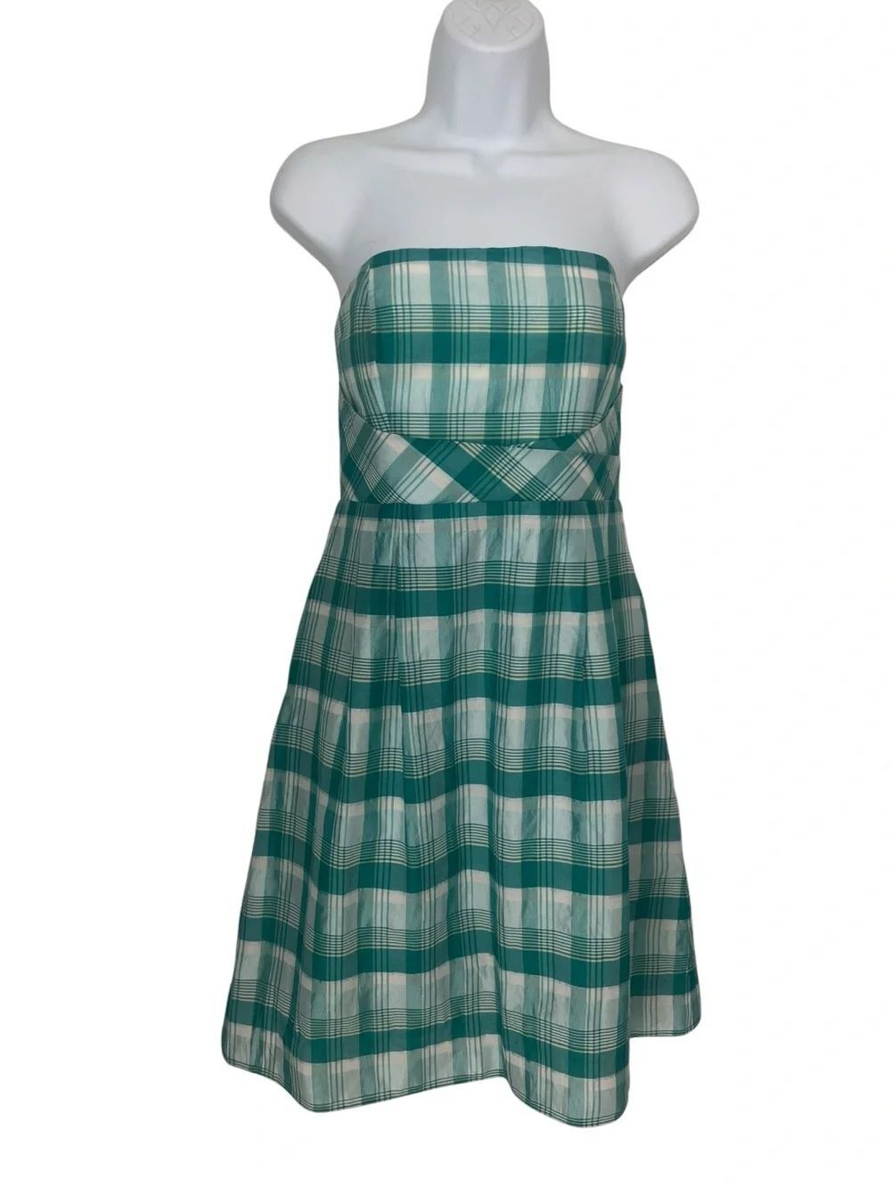 J.Crew Strapless Plaid Green White Silk Blend Preppy Cottagecore Summer Dress 6